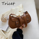 Retro Buckle Women Underarm Bag PU Leather Zipper Female Shoulder Bags Pocket
