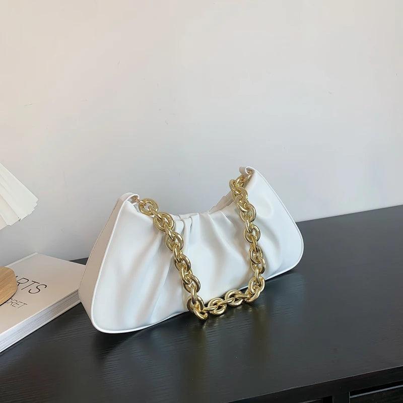 Pleated PU Leather Chain Crossbody Bag for Women