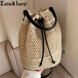 Drawstring Women's Straw Bucket Bag Shoulder Bags Purse Beach Handbag