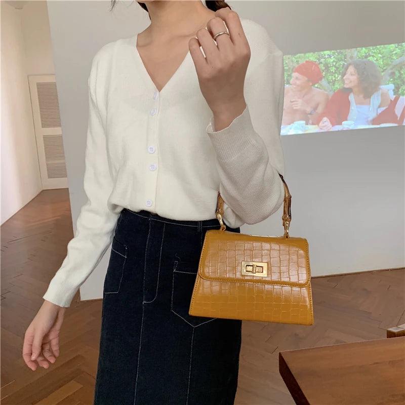 Bamboo Handle Women Handbags Chains Shoulder Bags Stone Pattern Crossbody Bag