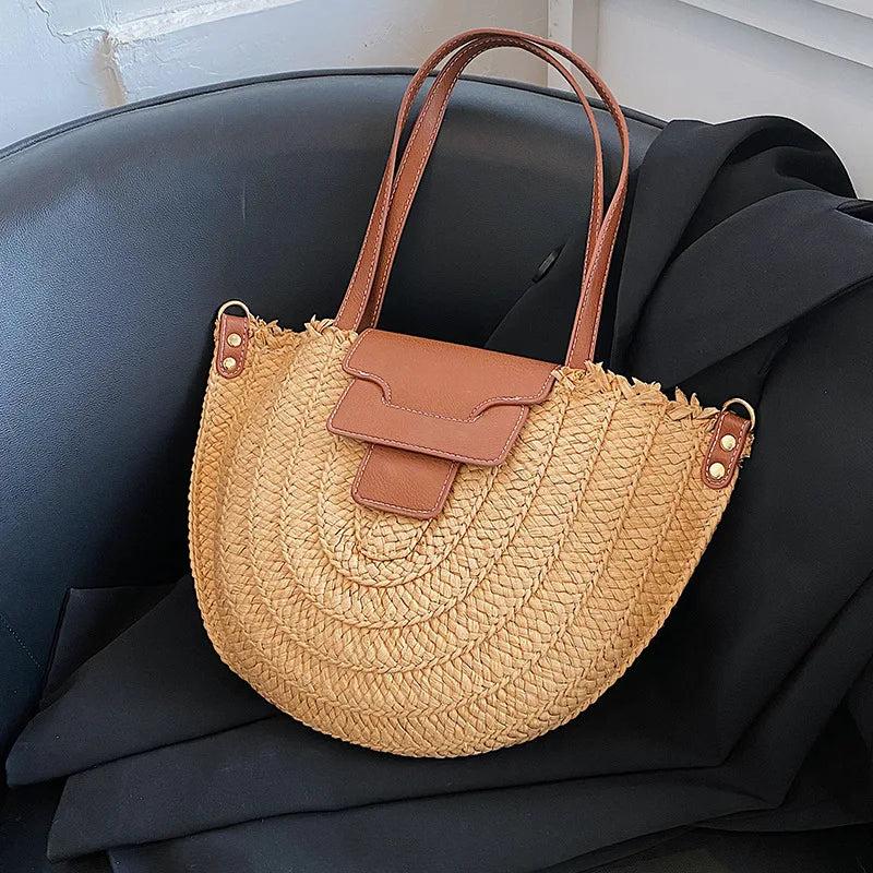 Straw Beach Bag Ladies Underarm Woven Cross