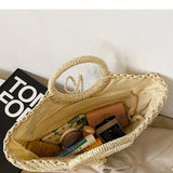 Half-Moon Straw Beach Bag Travel Handle Bag Rattan Shopping Basket Bag