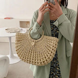 Half-Moon Straw Beach Bag Travel Handle Bag Rattan Shopping Basket Bag