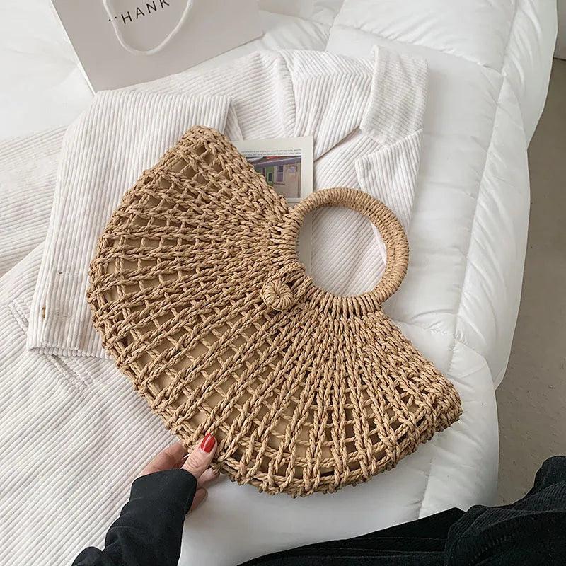 Half-Moon Straw Beach Bag Travel Handle Bag Rattan Shopping Basket Bag
