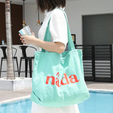 Japanese Letter Printed Shoulder Bag Washed Canvas Casual Art Handbag