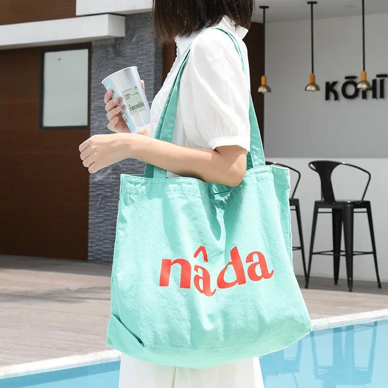 Japanese Letter Printed Shoulder Bag Washed Canvas Casual Art Handbag