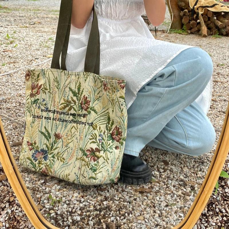 Shoulder Bag Canvas Pastoral Style Rose Flower Retro Handbag