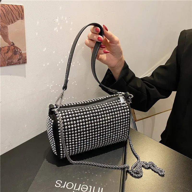 Diamonds Women Shoulder Bags Small PU Leather Barrel Shaped Handbags