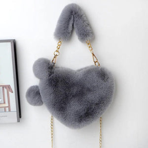 Heart-shaped Faux Fur Chain Shoulder Bag Lady Headband and Purse Set