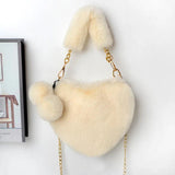 Heart-shaped Faux Fur Chain Shoulder Bag Lady Headband and Purse Set