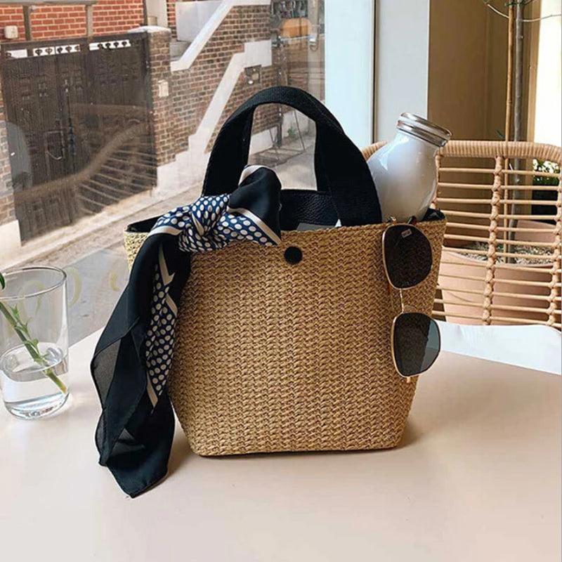 Straw Woven Handbag Women Beach Tote Top-Handle Retro Shoulder Bags