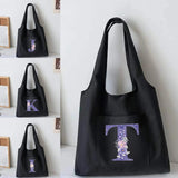 Purple Flower Print Vest Shoulder Bag Canvas Shopper Bag Tote Bags
