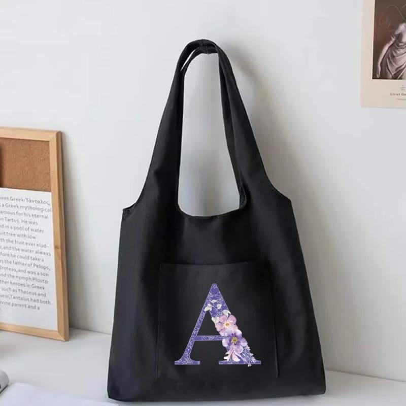 Purple Flower Print Vest Shoulder Bag Canvas Shopper Bag Tote Bags