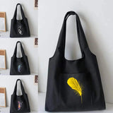 Feather Print Canvas Tote Bag Large Capacity Shoulder Handbag