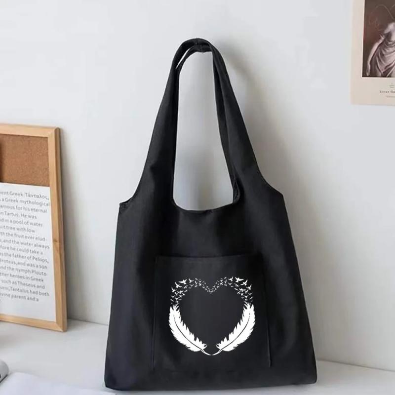 Feather Print Canvas Tote Bag Large Capacity Shoulder Handbag
