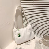 Solid Nylon Underarm Bag Casual Shoulder Handbag with Flower Pendant