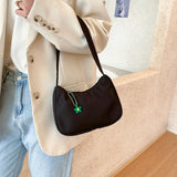 Solid Nylon Underarm Bag Casual Shoulder Handbag with Flower Pendant