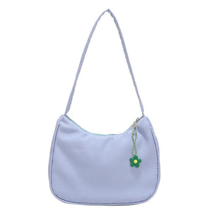 Solid Nylon Underarm Bag Casual Shoulder Handbag with Flower Pendant