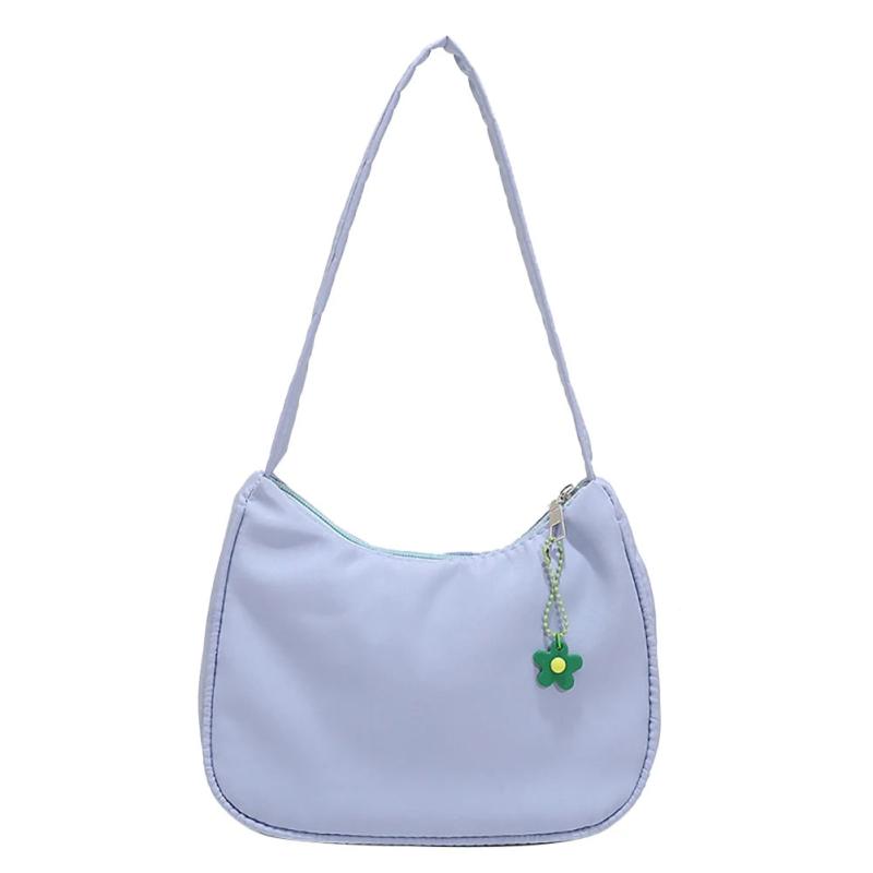 Solid Nylon Underarm Bag with Flower Pendant