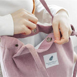Corduroy Shoulder Bag Women Reusable Shopping Tote Handbag with Button Storage