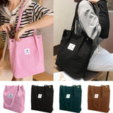 Corduroy Shoulder Bag Women Reusable Shopping Tote Handbag with Button Storage