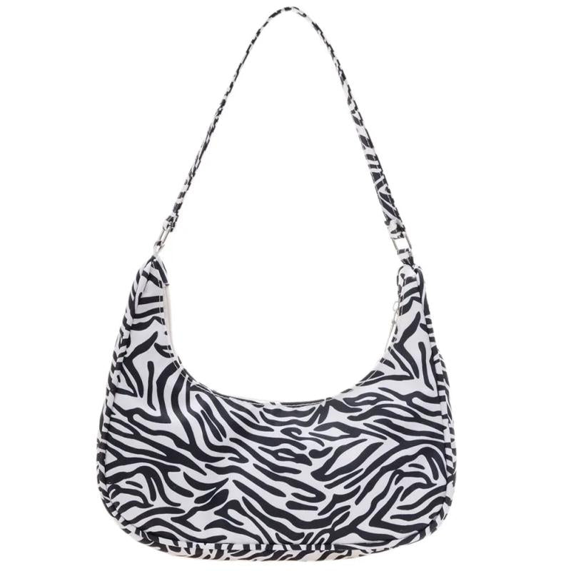 Animal Print Small Nylon Shoulder Bag Women Half Moon Underarm Handbag