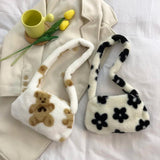 Flower Print Plush Shoulder Bag Autumn Winter Small Purse