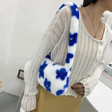 Flower Print Plush Shoulder Bag Autumn Winter Small Purse