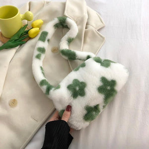 Flower Print Plush Shoulder Bag Autumn Winter Small Purse
