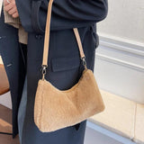 Plush Shoulder Bag Winter Larger Capacity Solid Underarm Tote Bags for Women
