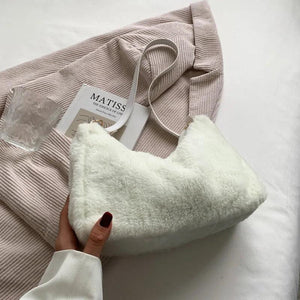 Plush Shoulder Bag Winter Larger Capacity Solid Underarm Tote Bags for Women