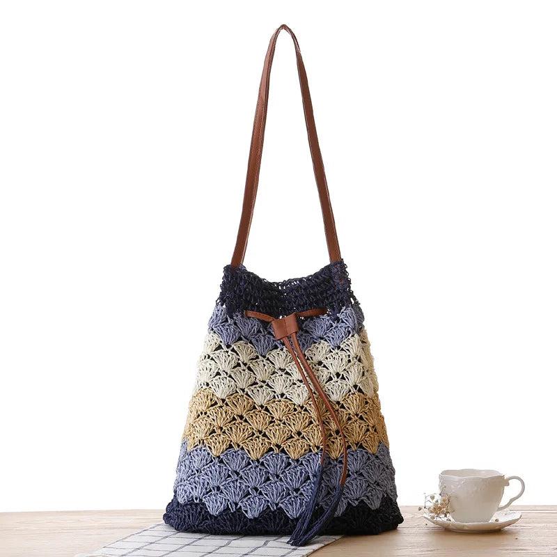 Bohemian Straw Bags for Women Wavy Stripes Beach Handbags