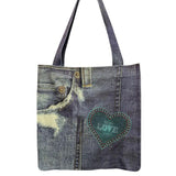Women Knitted Shoulder Wrist Bags Cowboy Printing Big Capacity