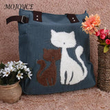 Canvas Cat Print Shoulder Bag Vintage Casual Underarm Bag Women