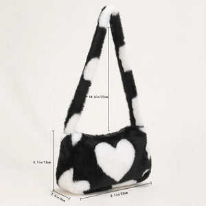 Women Heart Printing Shoulder Bag Warm Plush Tote Handbag