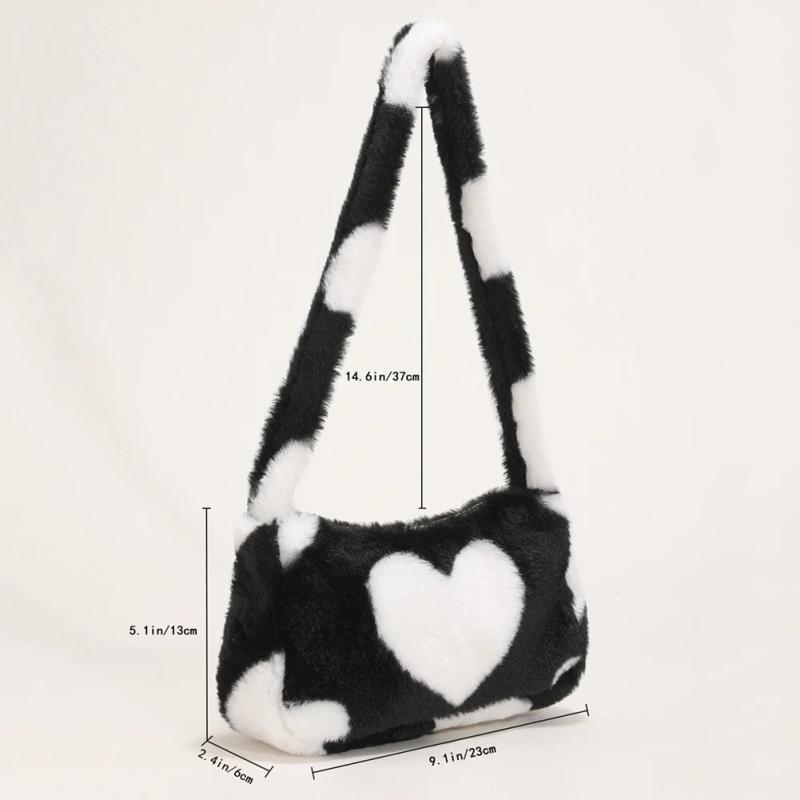 Women Heart Printing Shoulder Bag Warm Plush Tote Handbag