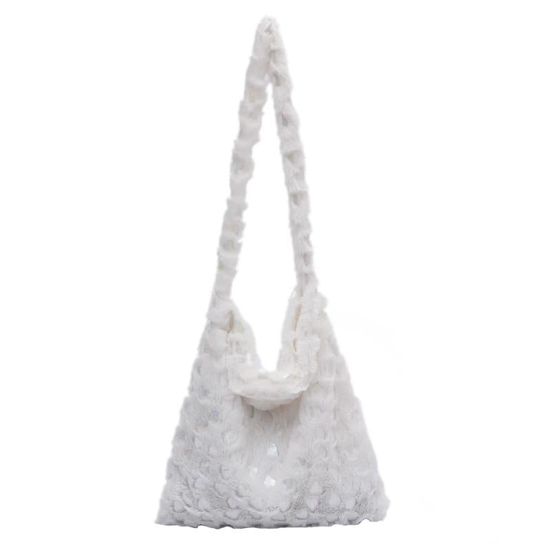 Vintage Soft Plush Heart Pattern Handbag Large Capacity Shoulder Bag