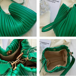 Pleated Crossbody Handbags PU Leather Women Solid Bucket Coin Purse