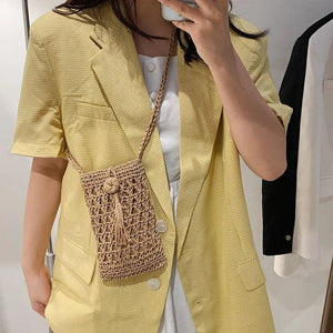 Vintage Straw Tassel Mini Crossbody Bag - Beach Mobile Phone Bag
