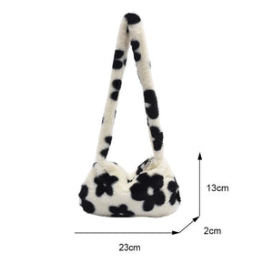 Flower Print Plush Shoulder Bag for Women Autumn Winter