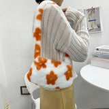 Flower Print Plush Shoulder Bag for Women Autumn Winter