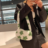 Flower Print Plush Shoulder Bag for Women Autumn Winter