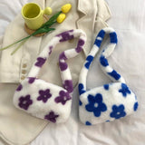 Flower Print Plush Shoulder Bag for Women Autumn Winter