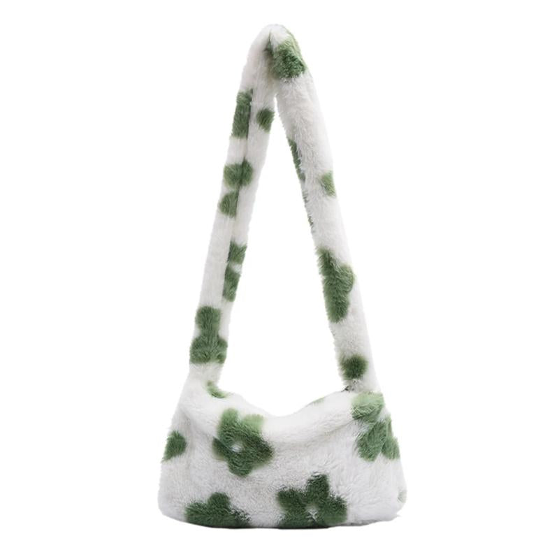 Flower Print Plush Shoulder Bag for Women Autumn Winter