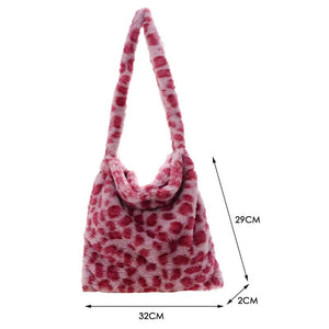 Women Plush Shoulder Bag Animal Pattern Print Shopper Bag