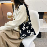 Women Plush Shoulder Bag Animal Pattern Print Shopper Bag