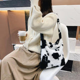 Women Plush Shoulder Bag Animal Pattern Print Shopper Bag