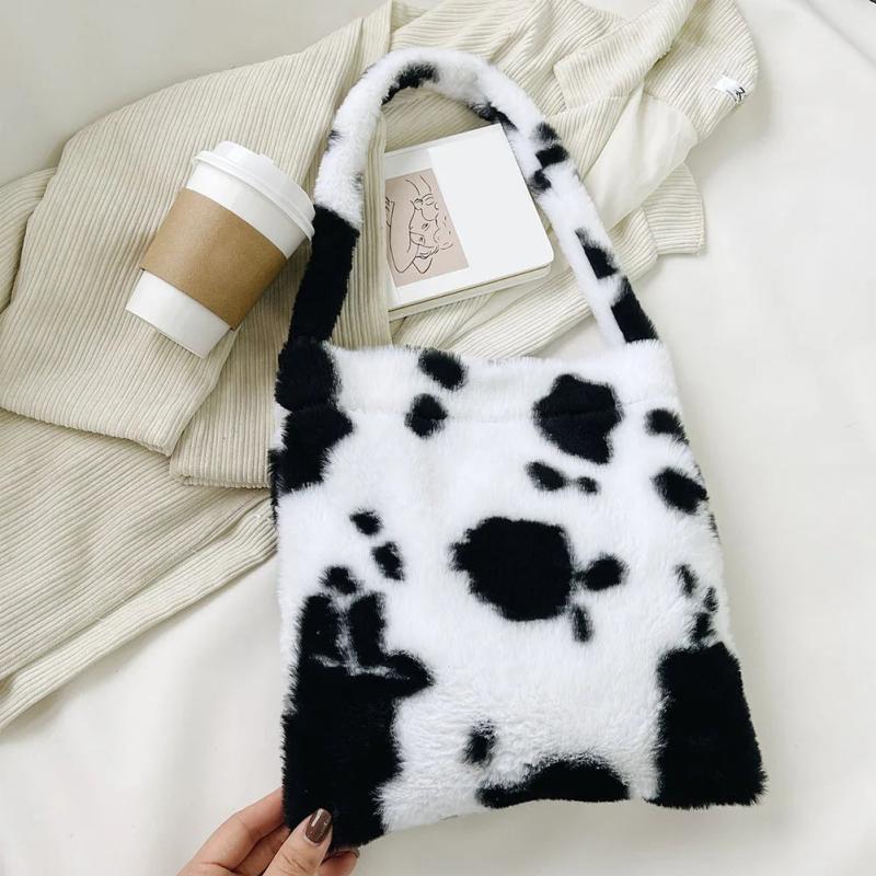Women Plush Shoulder Bag Animal Pattern Print Shopper Bag