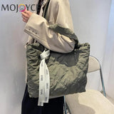Vintage Checkered Pattern Shoulder Tote Bag with Ribbon All-match Nylon Handbag