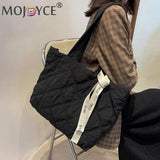 Vintage Checkered Pattern Shoulder Tote Bag with Ribbon All-match Nylon Handbag